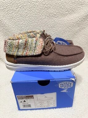 Hey Dude Wendy Fold Youth Shoes - Brown Upper with Multicolor Knit Cuff